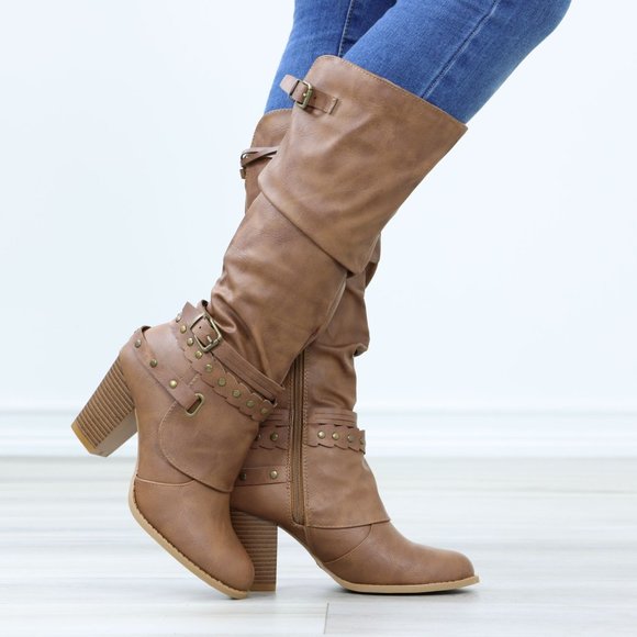 Motorcycle Heeled Boots For Rocker Biker Girls Below The Knee Tan Faux Leather - Picture 6 of 15